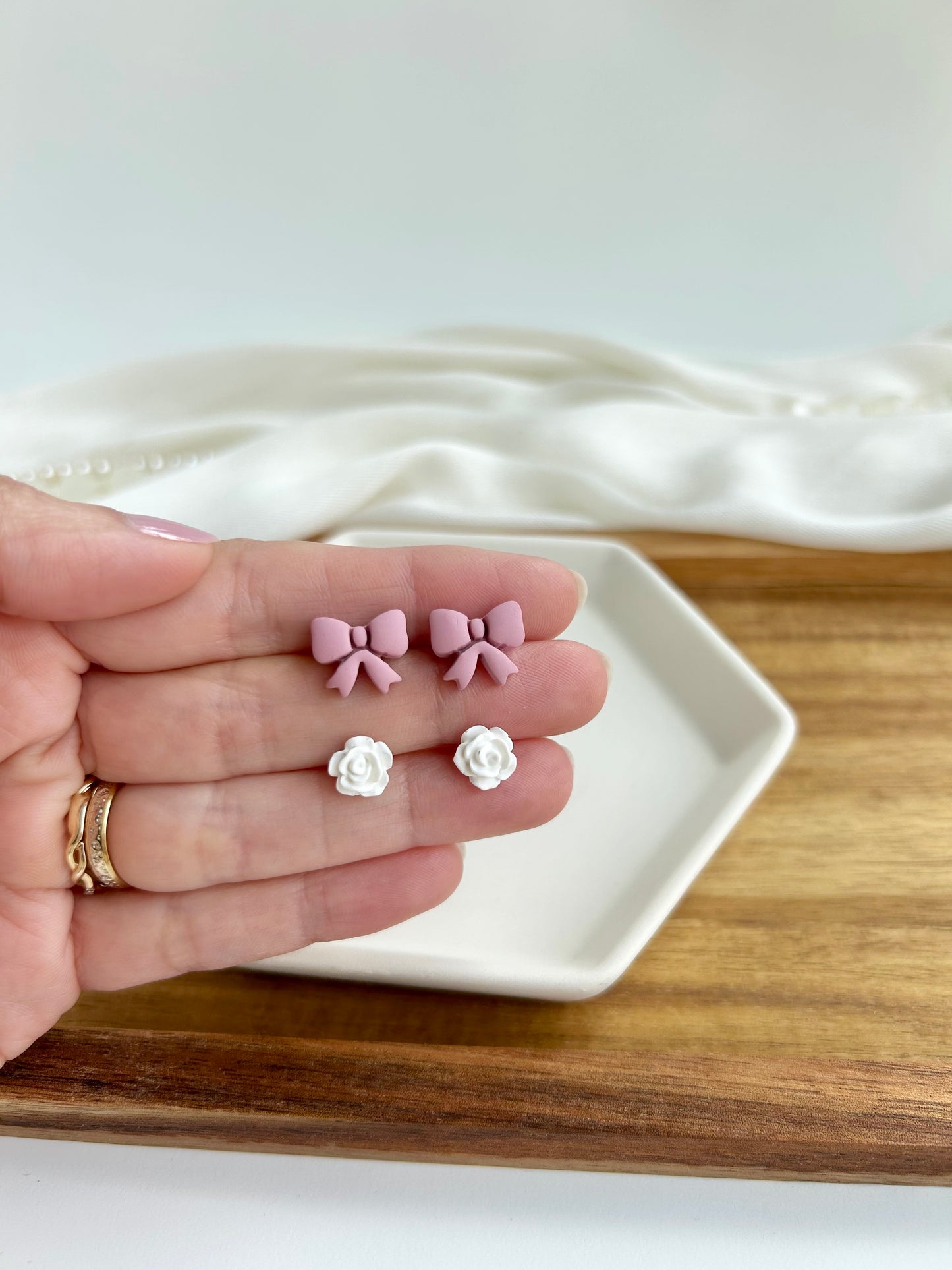5. Little bow & rose - polymer clay earring studs