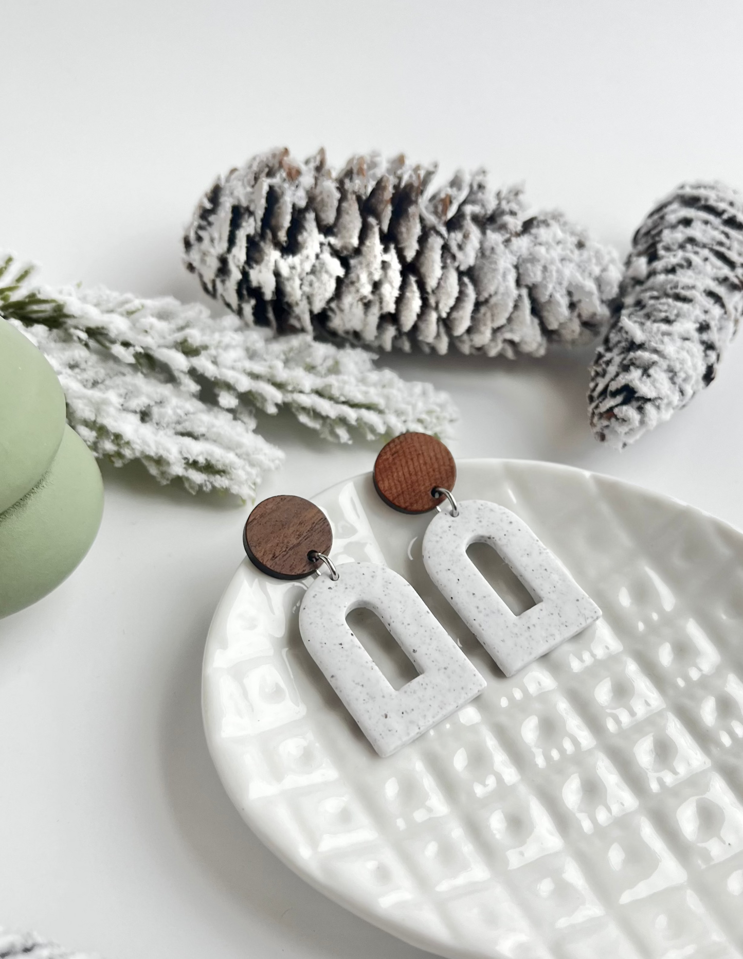 a. Handmade Polymer Clay Earrings, gift for her, round wood earring post, Hypoallergenic earring