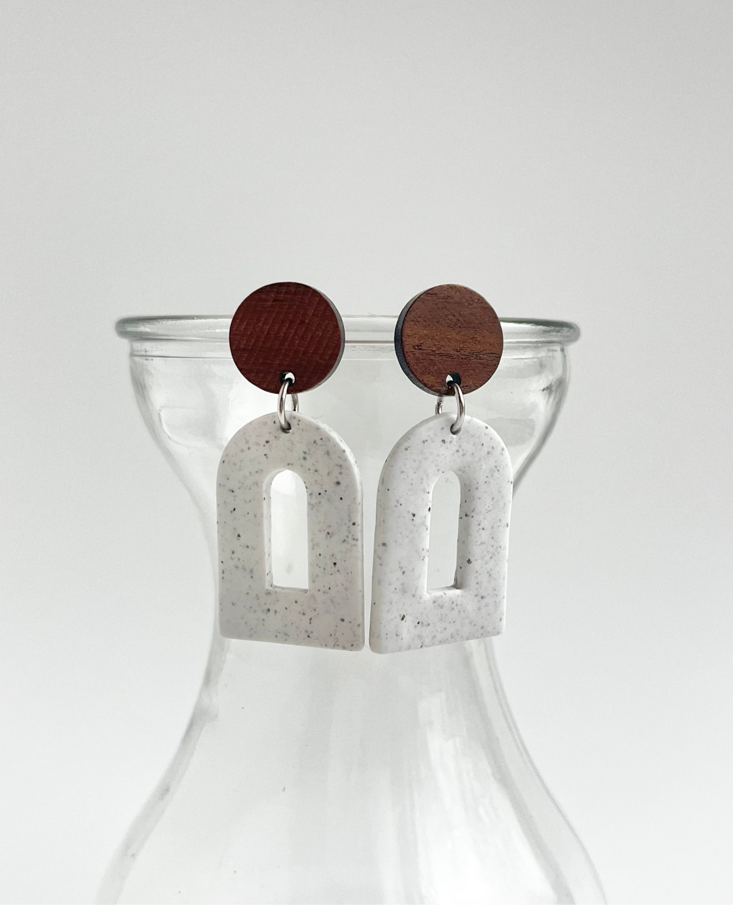 a. Handmade Polymer Clay Earrings, gift for her, round wood earring post, Hypoallergenic earring
