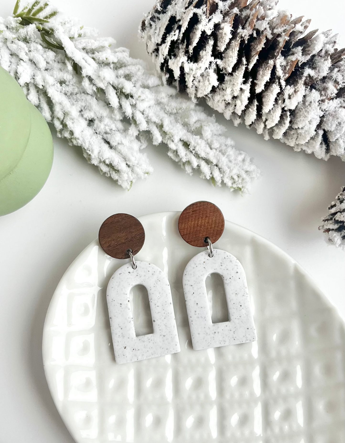 a. Handmade Polymer Clay Earrings, gift for her, round wood earring post, Hypoallergenic earring