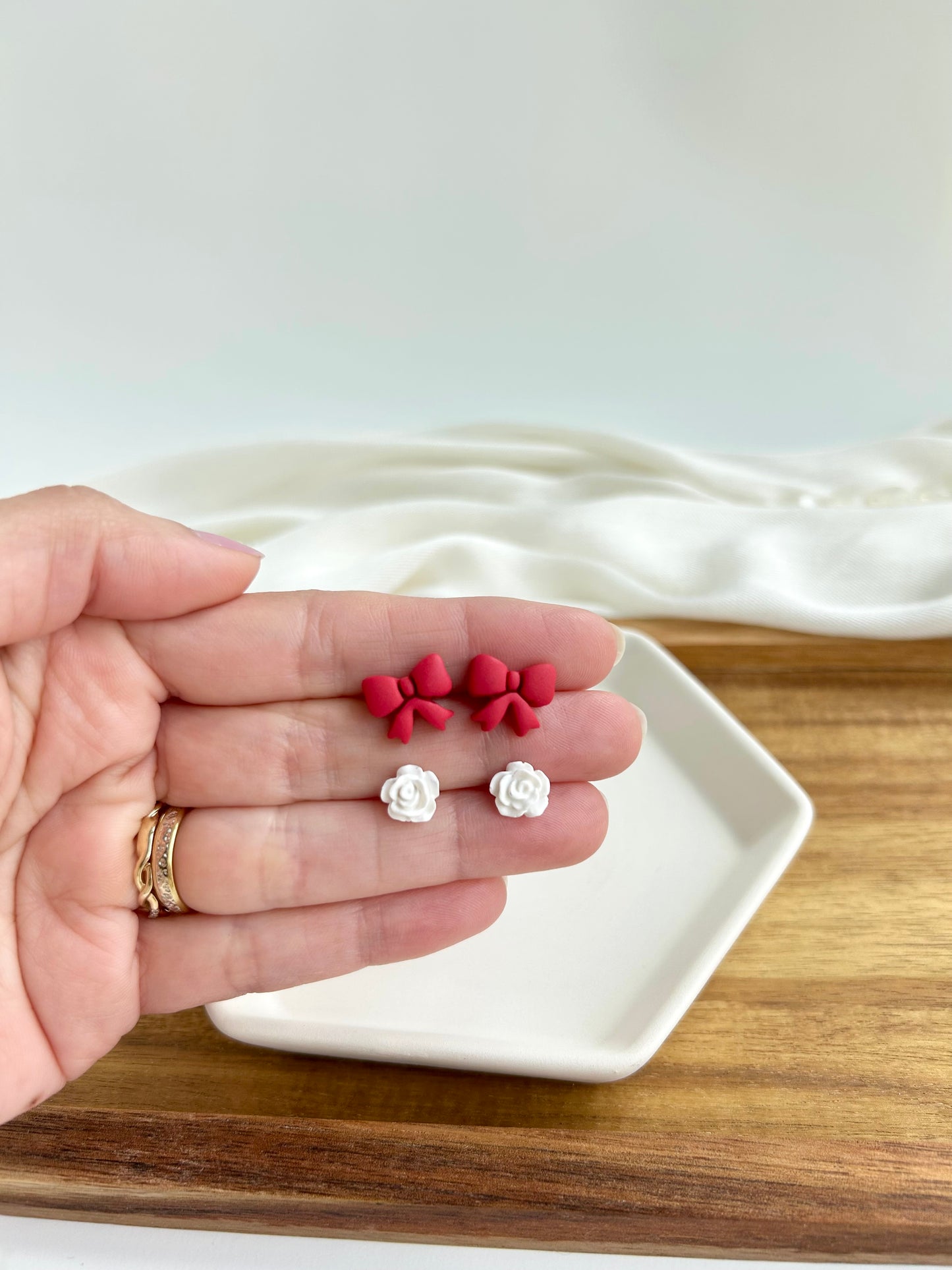 5. Little bow & rose - polymer clay earring studs