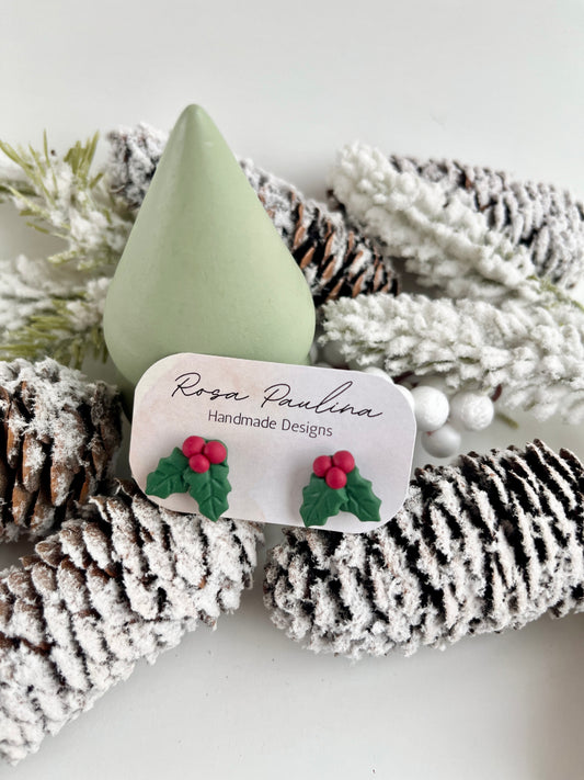 . Holly berry studs, handmade polymer clay earrings