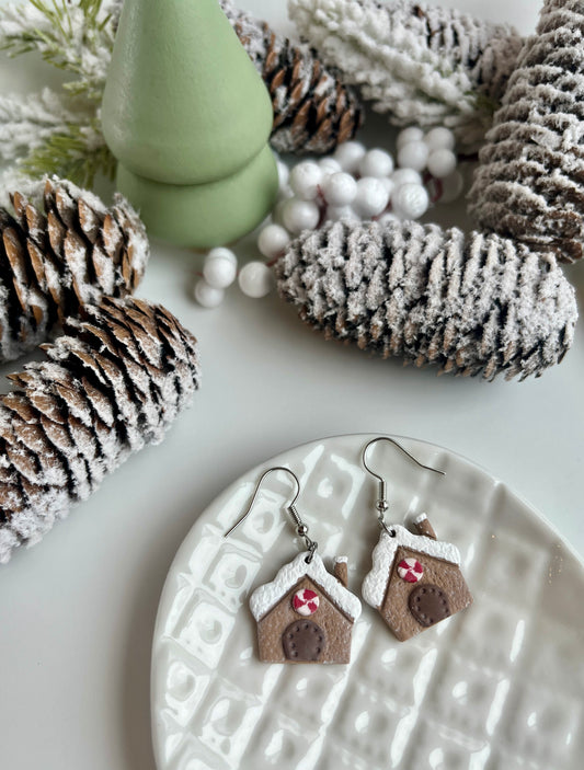 . Gingerbread house, Holiday earrings, lightweight jewelry, polymer clay