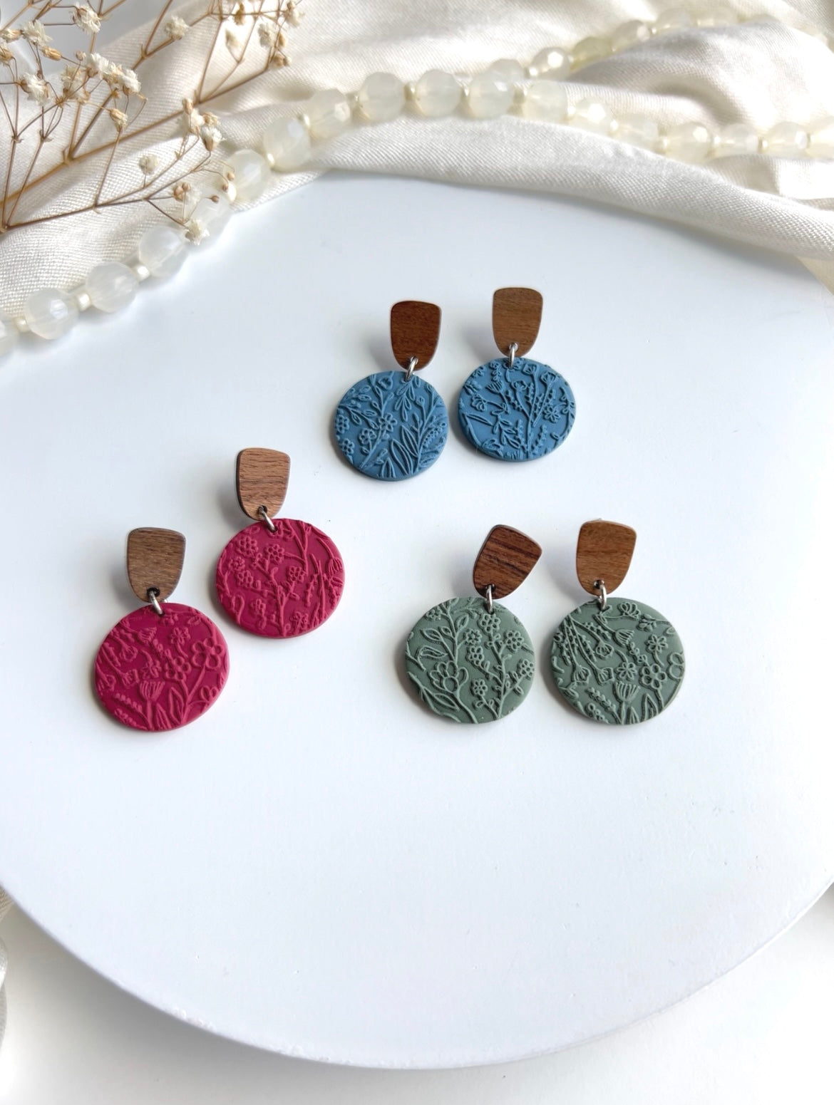 1.0 - Handmade Polymer Clay Earrings, wood earring post, Hypoallergenic earring
