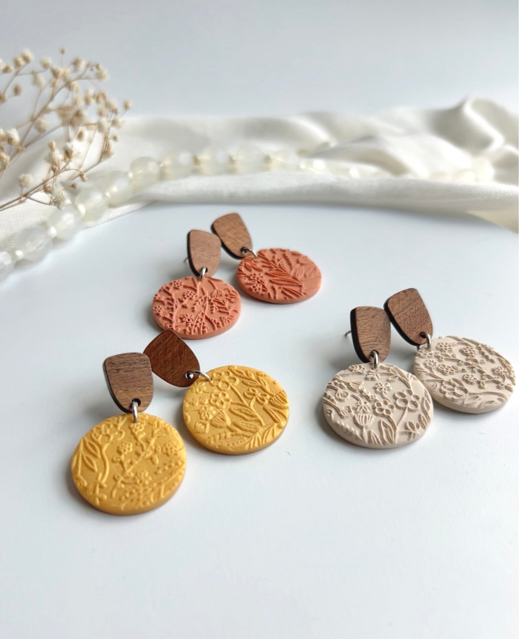 1.0 - Handmade Polymer Clay Earrings, wood earring post, Hypoallergenic earring