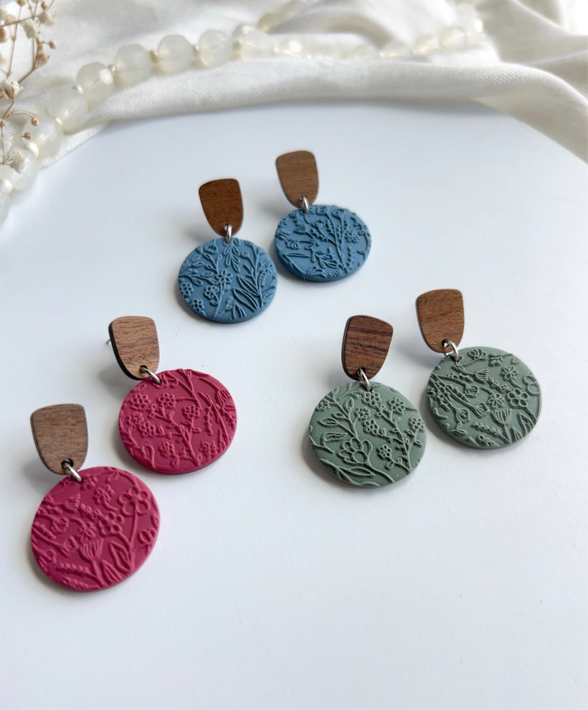 1.0 - Handmade Polymer Clay Earrings, wood earring post, Hypoallergenic earring