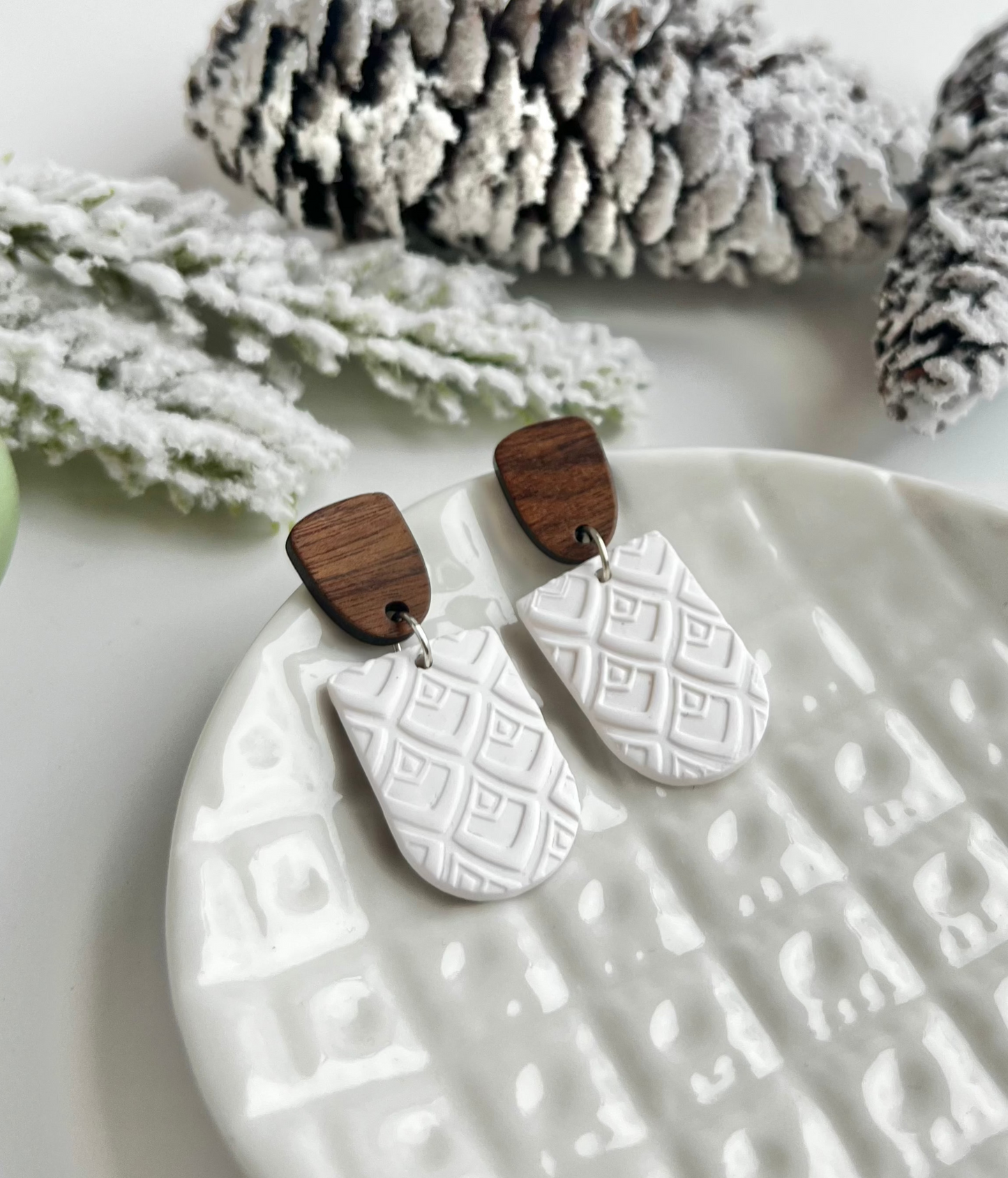 a. Handmade Polymer Clay Earrings, wood earring post, Hypoallergenic earring