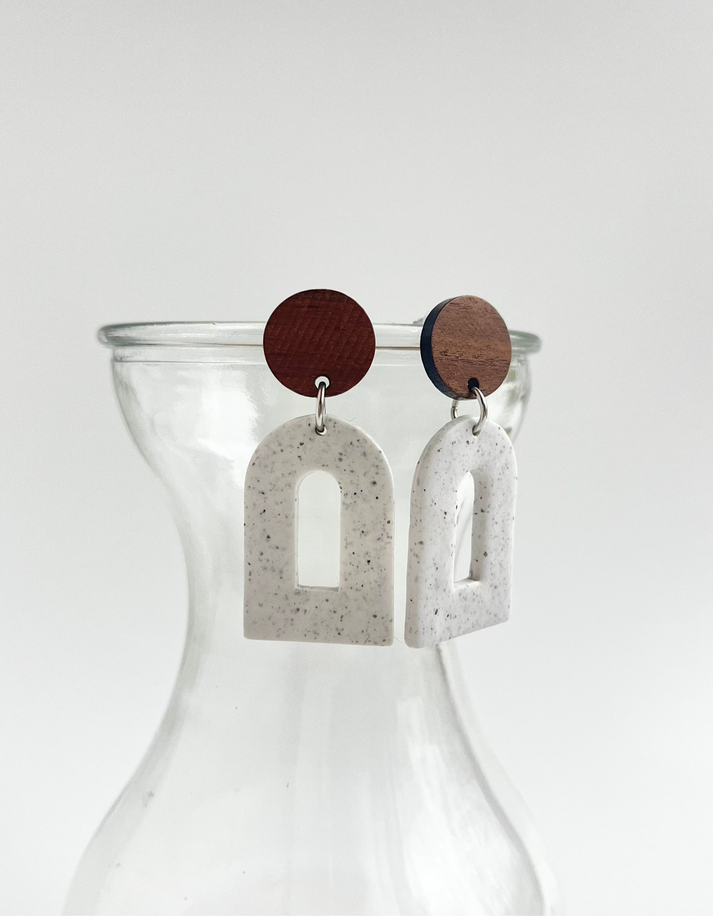 a. Handmade Polymer Clay Earrings, gift for her, round wood earring post, Hypoallergenic earring