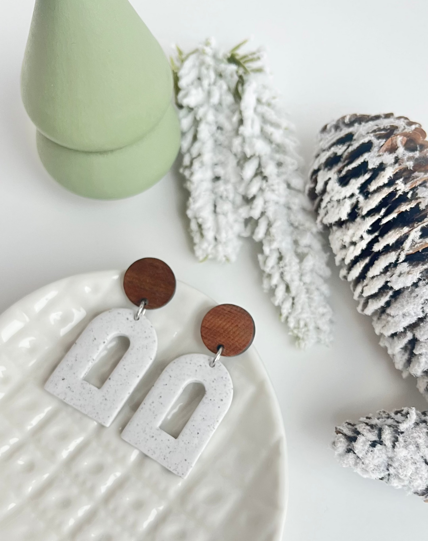 a. Handmade Polymer Clay Earrings, gift for her, round wood earring post, Hypoallergenic earring