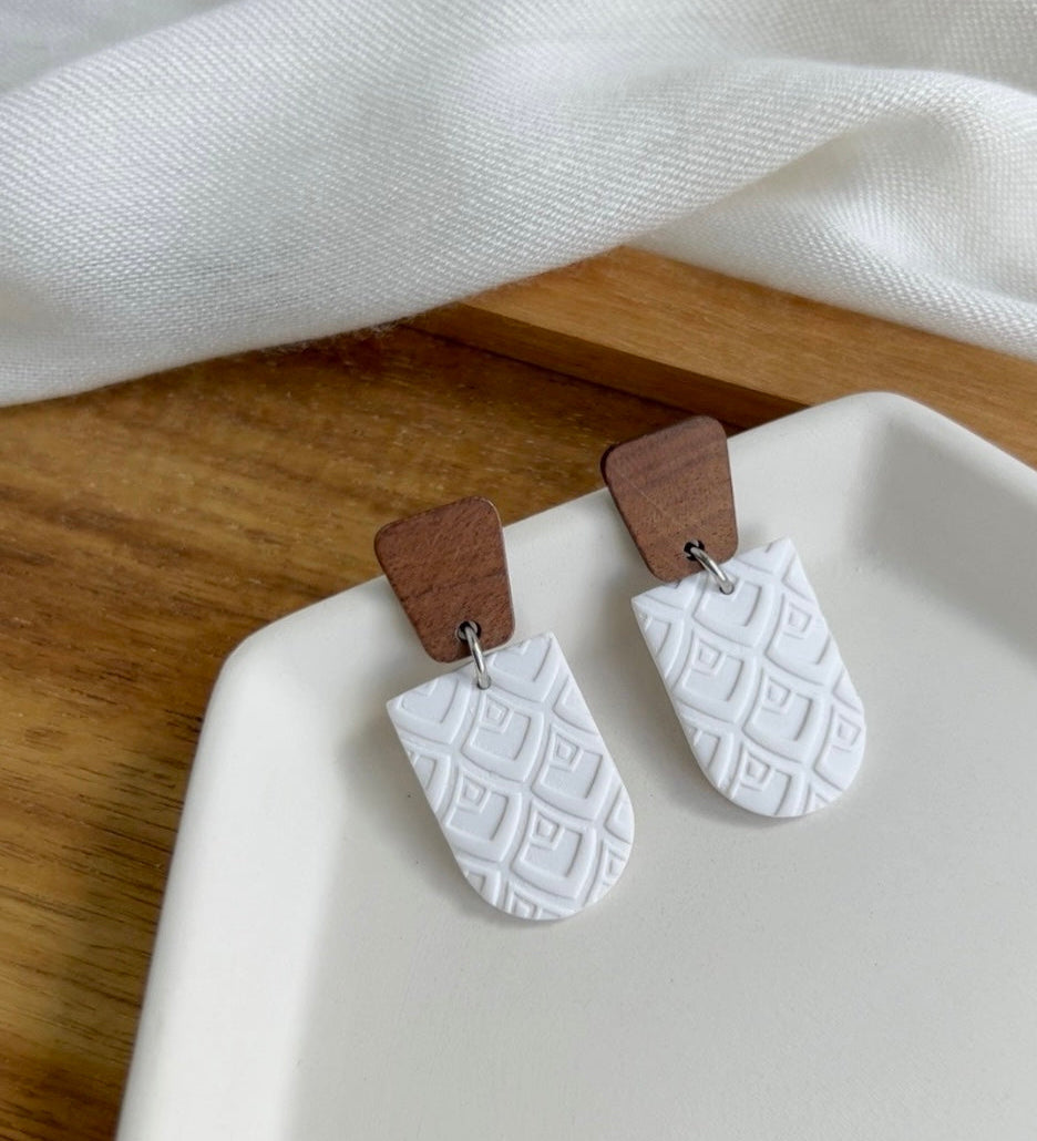 a. Handmade Polymer Clay Earrings, wood earring post, Hypoallergenic earring