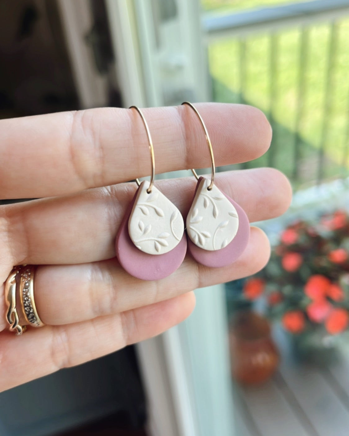 a. Drops on a hoop, lightweight earrings, everyday wear jewelry