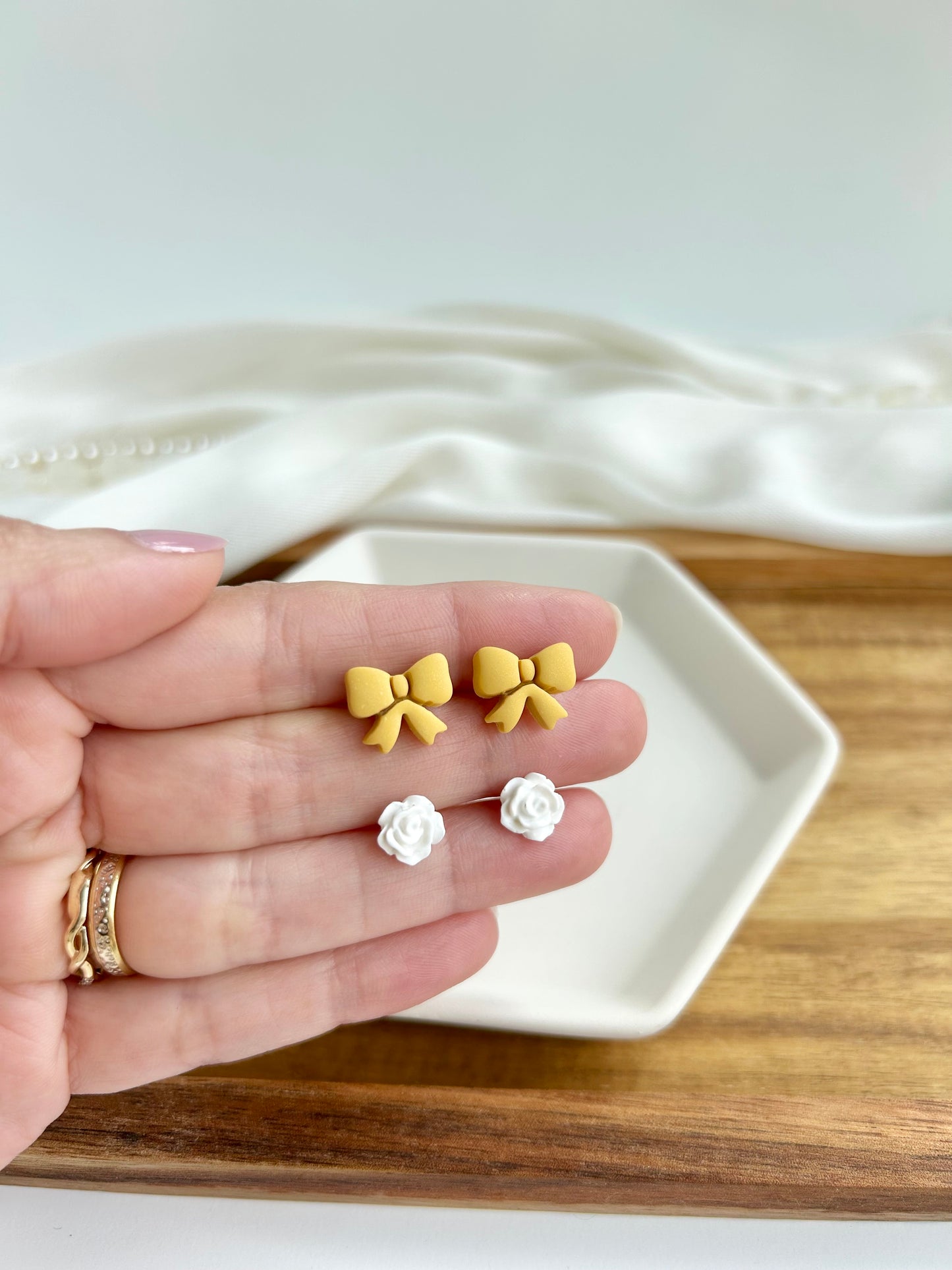 5. Little bow & rose - polymer clay earring studs