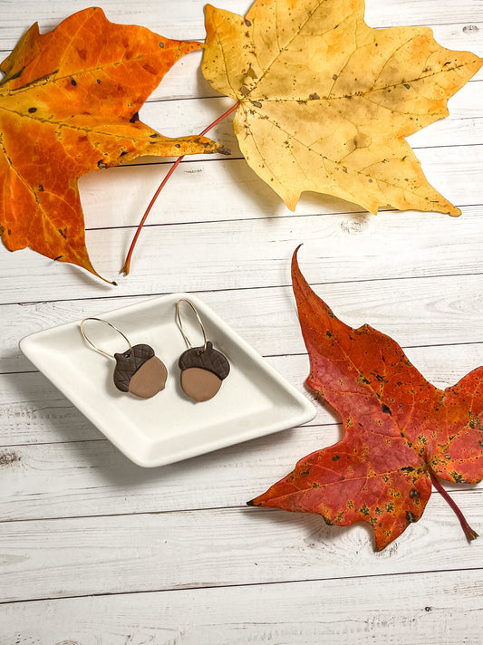 . Hoops acorn, squirrel studs, lightweight earrings, Fall earrings