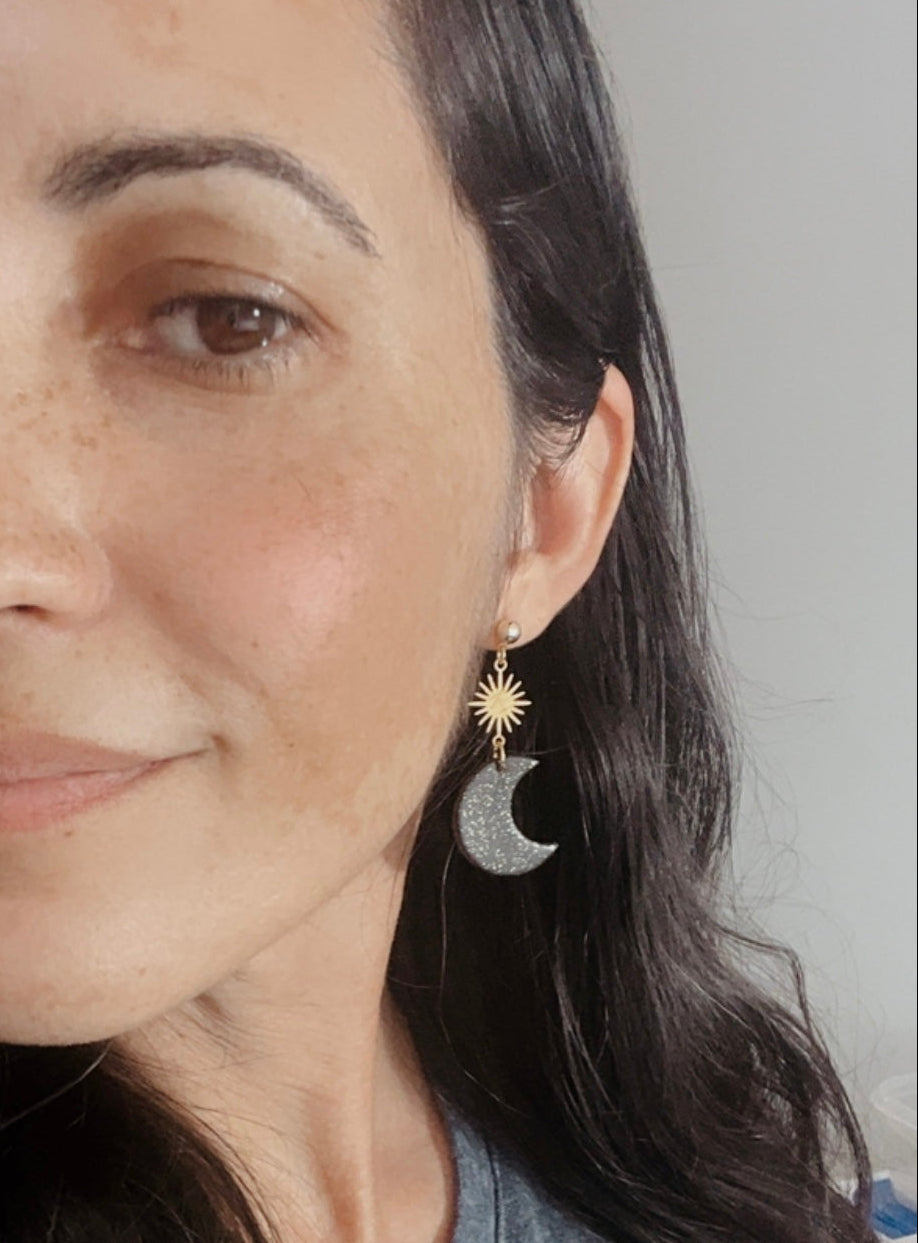 . Crescent Moon Earrings, Celestial Jewelry, Gold Speckled Handmade Boho Jewelry