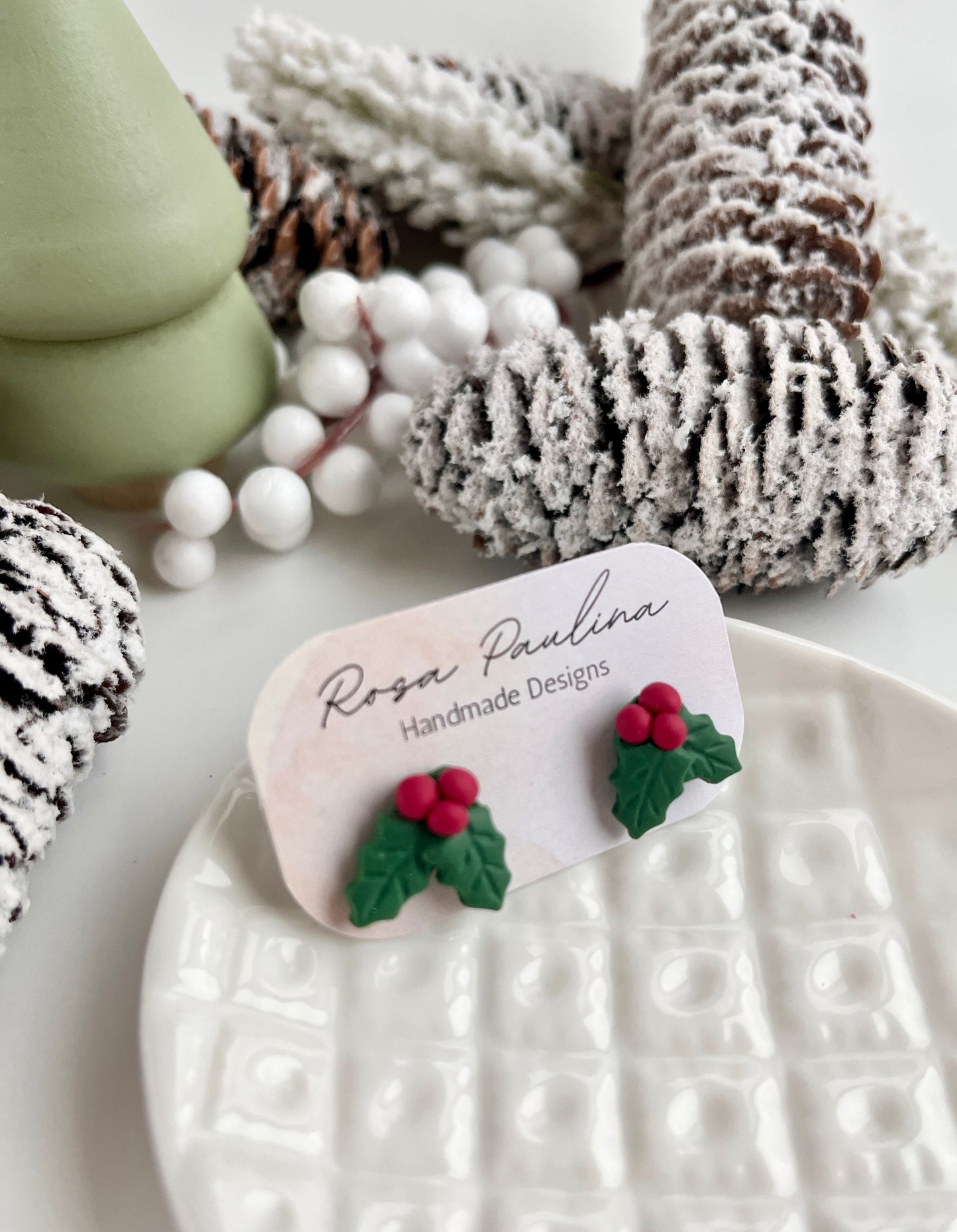 1. Holly berry studs, handmade polymer clay earrings