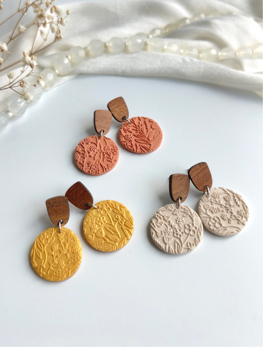 a.   Handmade Polymer Clay Earrings, wood earring post, Hypoallergenic earring