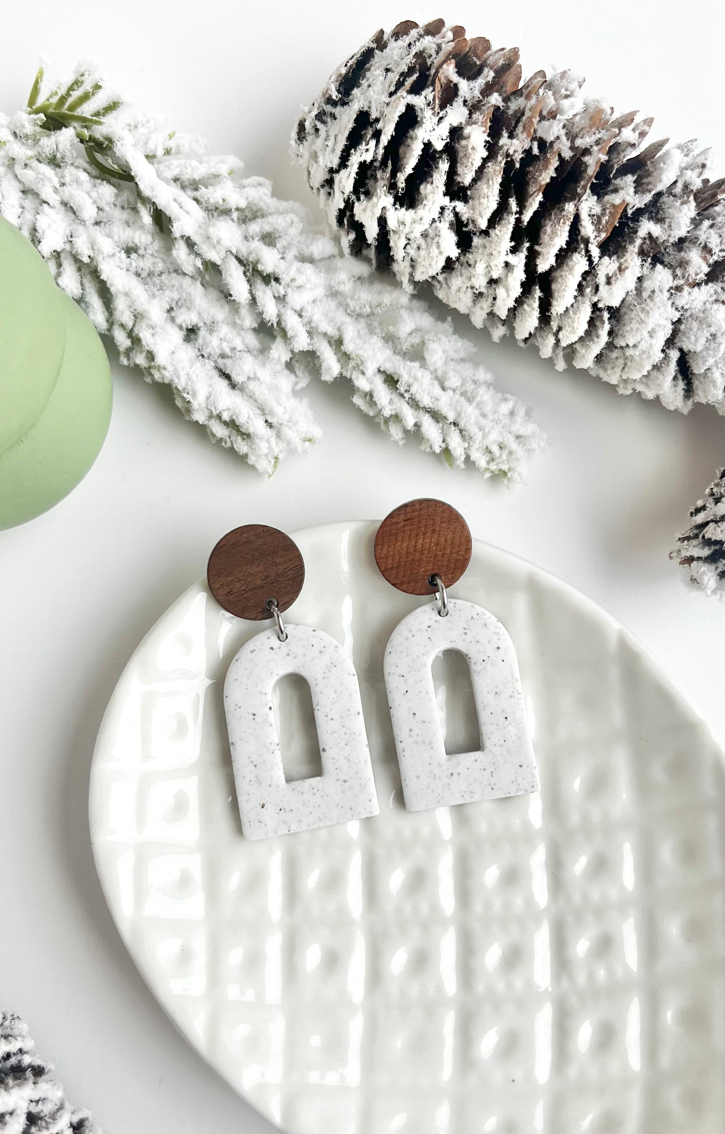 a.   Handmade Polymer Clay Earrings, gift for her, round wood earring post, Hypoallergenic earring