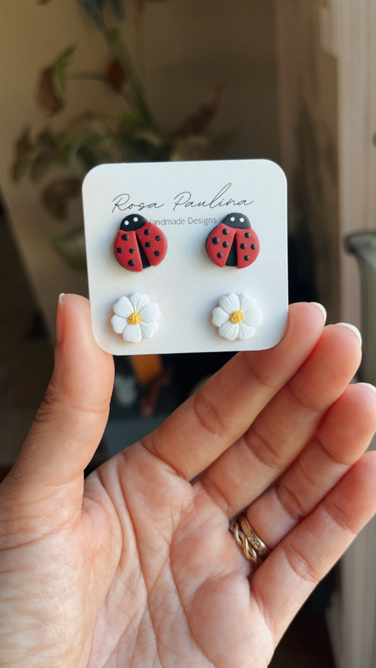 . Ladybug & flower combo earrings, handmade jewelry, polymer clay
