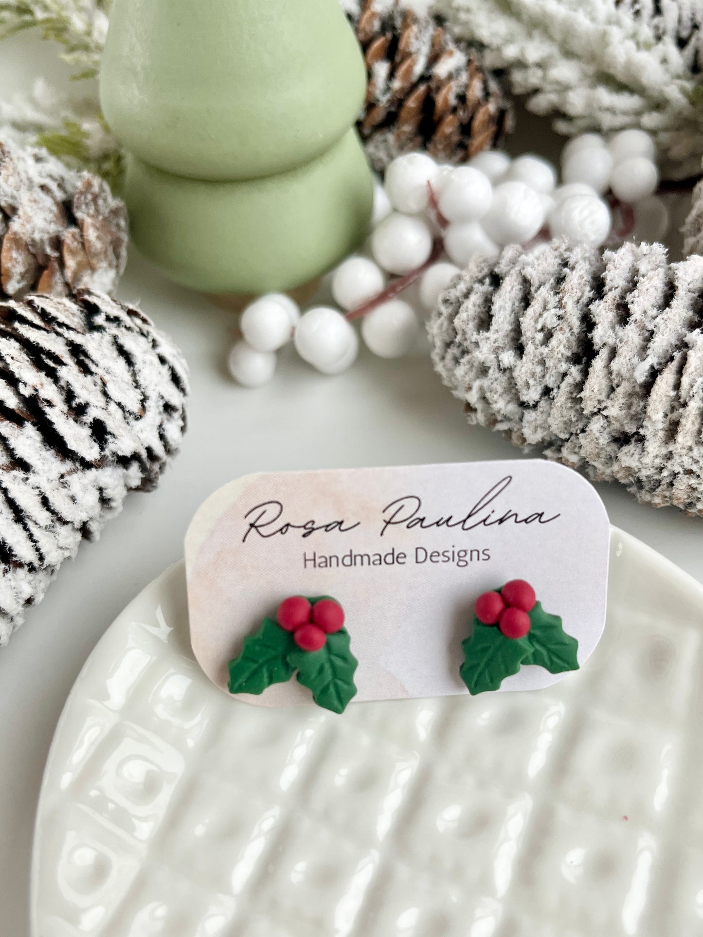 1. Holly berry studs, handmade polymer clay earrings