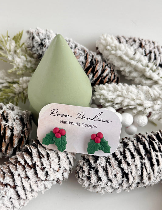 1. Holly berry studs, handmade polymer clay earrings