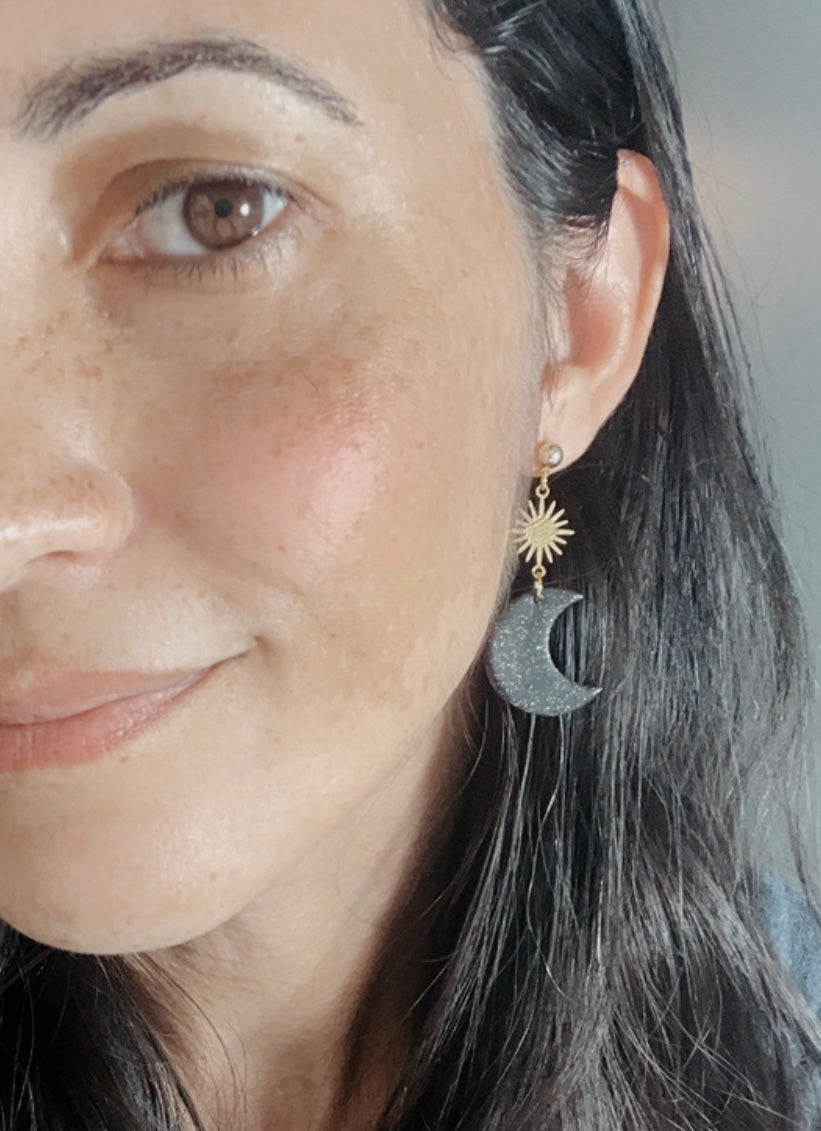 . Crescent Moon Earrings, Celestial Jewelry, Gold Speckled Handmade Boho Jewelry
