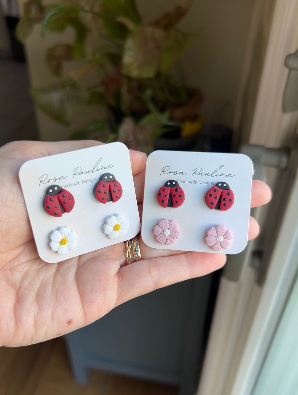 . Ladybug & flower combo earrings, handmade jewelry, polymer clay