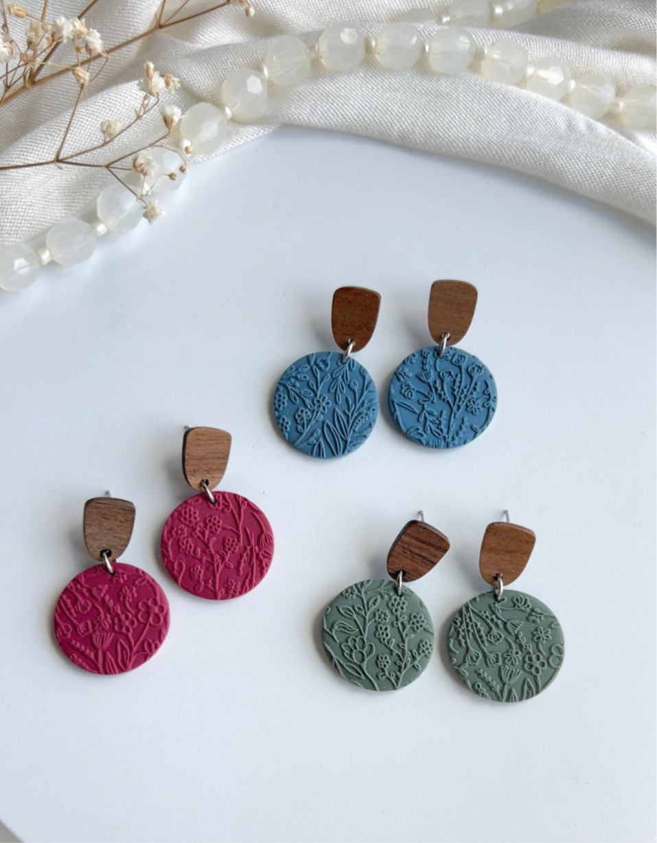 a.   Handmade Polymer Clay Earrings, wood earring post, Hypoallergenic earring