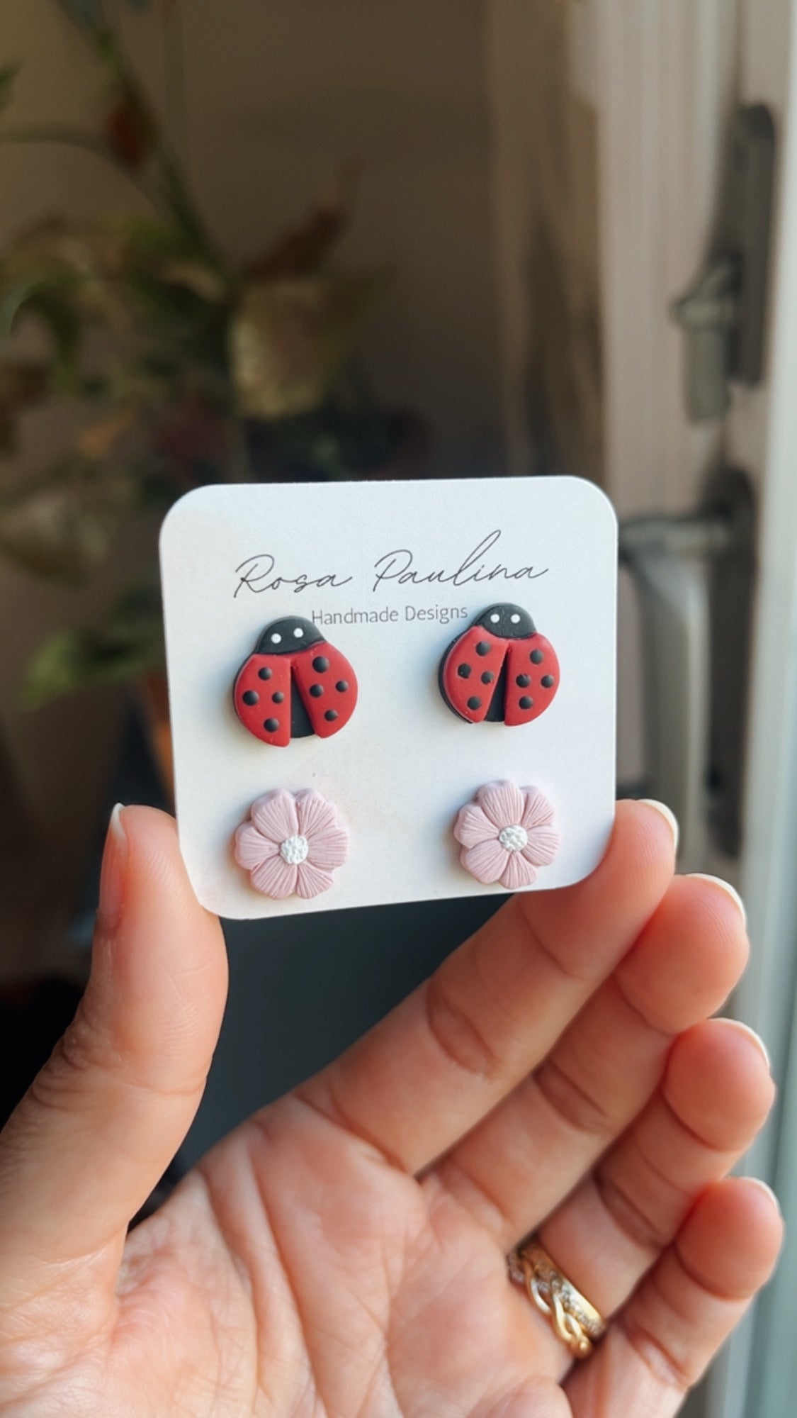 . Ladybug & flower combo earrings, handmade jewelry, polymer clay