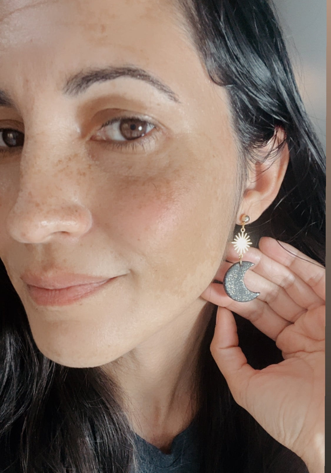 . Crescent Moon Earrings, Celestial Jewelry, Gold Speckled Handmade Boho Jewelry