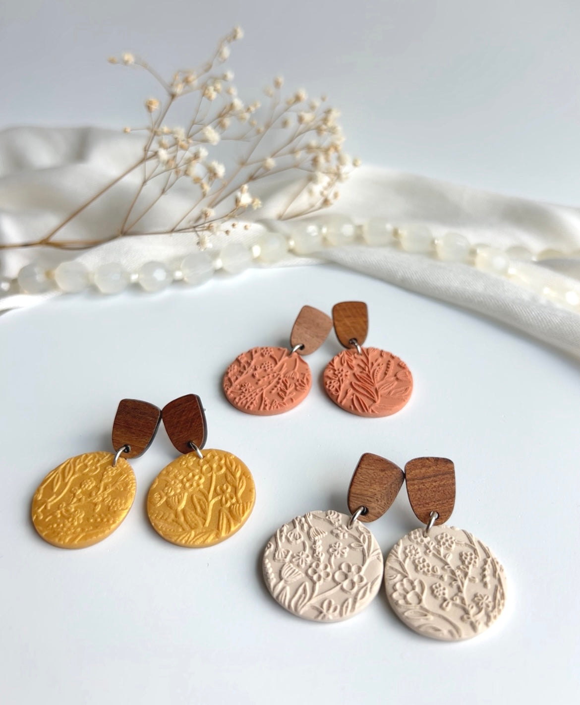 a.   Handmade Polymer Clay Earrings, wood earring post, Hypoallergenic earring