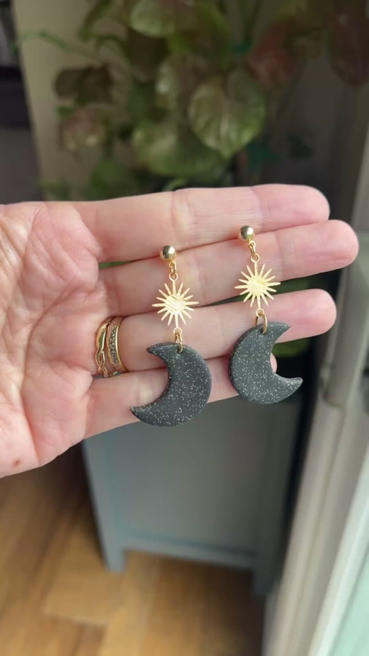 . Crescent Moon Earrings, Celestial Jewelry, Gold Speckled Handmade Boho Jewelry